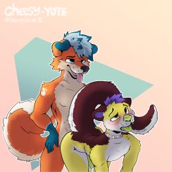 1:1 absurd_res anthro apollofusky blue_hair cheesy_yote collar curled_tail dripping duo fur hair hi_res male male/male orange_body orange_fur purple_hair tail tongue yellow_body yellow_fur