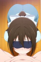 1girl ai_assisted ai_generated anime_screencap balls_deep blue_eyes brown_hair deep deepthroat dominated facing_viewer hair_between_eyes hair_bow hands_behind_back high_quality highres long_hair mature_female petite_body ponytail pov ripped_clothes sitting_on_knees skinny small_breasts small_tits tiny_tits young