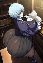 ai_generated angela_(library_of_ruina) angela_(lobotomy_corporation) big_ass big_breasts blue_hair fat_ass female female_only library library_of_ruina project_moon