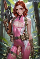 ai_generated femboy flat_chest horny_cultist_artist medium_hair military_uniform nipples patreon penis red_hair ripped_bodysuit scars soldier testicles torn_clothes trap
