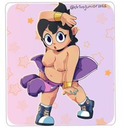 1girls belly big_breasts black_eyes black_hair breasts chubby chubby_female covered_navel covering covering_crotch cuffs_(clothing) drivojunior hi_res highres hoodie nude painted_nails shoes slightly_chubby slightly_chubby_female solo solo_female solo_focus surprised toon_(drivojunior) white_border