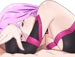 14_riatsu 1girl 1girls 4:3_aspect_ratio bangs bare_shoulders bed black_dress blurry_foreground breast_press breasts busty cleavage clothing clothing_cutout collar detached_sleeves dress facial_mark fate/stay_night fate_(series) female forehead forehead_mark hetero high_resolution large_breasts large_filesize long_hair looking_at_viewer lying male medusa_(fate) on_bed on_stomach parted_bangs png purple_eyes purple_hair rider simple_background strapless strapless_dress very_high_resolution very_long_hair white_background