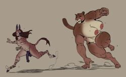 anthro asinus balls big_breasts big_penis black_hair breasts chasing cougar donkey duo equid equine felid feline female fur genitals grey_body grey_fur hair hi_res hooves interspecies male male/female mammal navel nipples nude nude_anthro nude_female nude_male penis predator/prey running tail tan_body tan_fur twistedteeth