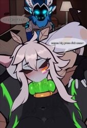accessory blowjob_face blue_body blue_fur bodily_fluids cheat cheating_girlfriend cheating_wife cock_ring cuckold deep_throat english_text face_fucking fellatio female fur green_body green_fur group hi_res ignoring_another infidelity irrumatio jewelry machine male male/female oral oral_penetration penetration penile penis_accessory penis_in_mouth penis_jewelry protogen saliva sex text trio unknown_artist