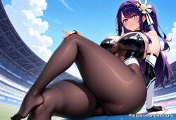 1girl ai_generated big_breasts female hoshino_ai huge_breasts idol mature_female oshi_no_ko purple_hair race_queen revoaru thick_thighs thighs