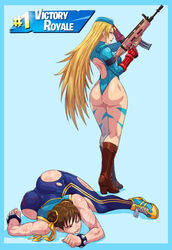 2girls alternate_costume alternate_version_available ass big_ass blonde_hair blood boots cammy_white cammy_white_(fortnite) capcom chun-li chun-li_(fortnite) cirenk crossover defeated female female_focus female_only fortnite fortnite:_battle_royale leotard long_hair multiple_girls round_ass ryona street_fighter street_fighter_alpha tagme thick_ass