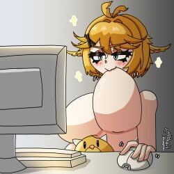 1girls ahoge blonde_hair computer_monitor computer_mouse dokibird dragoon_(dokibird) flushed_face head_wings indie_virtual_youtuber large_breasts looking_at_computer sucking_breasts sucking_nipple sucking_own_breasts sucking_own_nipple vtuber