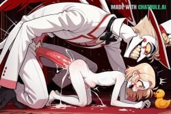 1boy age_difference ai_assisted ai_generated anal anal_sex bestiality big_cock black_bowtie blonde_hair crying cum_dump cumdump cumshot domination fear feminine_body flaccid flat_chest hazbin_hotel holding lucifer_morningstar_(hazbin_hotel) micro_penis mind_break monster monster_cock naked nude pain penis_size_difference pleasure red_eyes rubber_duck screaming size_difference small small_ass small_balls smile solo stomach_bulge tiny_balls top_hat used white_coat white_pants white_skin yellow_sclera young