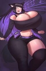 big_breasts black_hair breasts_bigger_than_head cat_ears closed_eyes curvy curvy_female curvy_figure gigantic_breasts happy harufeng huge_breasts huge_thighs musical_note purple purple_hair simple_background slim_waist solo solo_female solo_focus thick_thighs