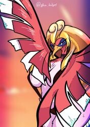 bbw big_wings bird_humanoid ho-oh huge_breasts long_hair pokemon_(species) red_skin shen_hokori standing
