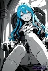1girl ai_assisted ai_generated beautiful blue_eyes blue_hair day dress general grayscale grin hair_flower hair_ornament hair_ribbon high_contrast highres indoors long_hair looking_at_viewer no_nose perfect_anatomy pussy sharp_teeth sitting_on_chair slit_pupils smug socks upskirt_view