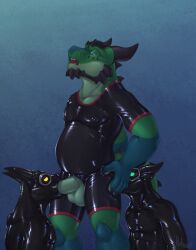 anal anthro anthro_on_anthro anthro_penetrated anthro_penetrating anthro_penetrating_anthro balls barbell_piercing beard belly big_balls big_penis black_latex blue_eyes claws clothing dragon drone eyewear facial_hair facial_markings fellatio genitals gimp_suit glistening glistening_body glowing glowing_eyes goggles green_eyes group hand_on_hip head_markings hi_res horn latex latex_clothing latex_leotard latex_skinsuit leg_markings leotard long_tail looking_pleasured male male/male male_penetrated male_penetrating male_penetrating_male markings mythological_creature mythological_scalie mythology nipple_outline nipple_piercing nipples open_mouth oral overweight overweight_male pecs penetration penile penis piercing rimming rykeus rykeus_(character) scalie sex simple_background skinsuit socks_(marking) spiked_tail spikes spikes_(anatomy) tail teeth tight_clothing tongue trio wrestling_singlet yellow_eyes