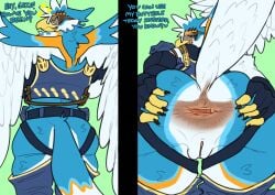 accipitrid accipitriform animal_genitalia anothereidos_of_dragon_vein_r anthro anus avian bedroom_eyes bird butt clothed clothing comic dialogue dion_(anothereidos_r) drstrangeluvve eagle english_text genital_slit genitals hand_on_butt hi_res looking_at_viewer looking_back looking_back_at_viewer male narrowed_eyes offscreen_male presenting presenting_anus presenting_hindquarters seductive skimpy solo spread_anus spreading text wings