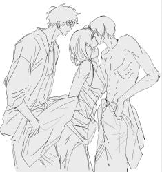 1girls 2boys breasts breasts_out genderswap_(mtf) gintama gintoki_sakata katsura_kotarou kimono kissing long_hair mmf_threesome monochrome profile rule_63 side_view sketch takasugi_shinsuke threesome