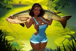1girls african_american ai_generated areolae black_female black_hair breasts breasts_out brown_eyes catfish curly_hair dark-skinned_female dark_skin dialogue disney disney_princess english_text female female_focus female_only fish fishing flirting flirting_with_viewer holding holding_fish holding_object killkong looking_at_viewer modern_au nipples overalls overalls_only partially_submerged pov solo_female text the_princess_and_the_frog tiana wading water wet wet_body