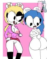 >:d animal_humanoid anthro ass_out bared_teeth bear beaver beaverbear black_boots black_clothing black_footwear black_hair_tie blonde_hair blue_hair boots bottomwear bottomwear_pull buckteeth butt cassidydemonic challenging clothed clothing clothing_pull duo exclamation_point female flashing flashing_breasts flashing_pussy footwear freckles fur furrowed_eyebrows genitals hair heart_(marking) humanoid hybrid magabear mama_bear_(the_symbol_bunnies_) mammal mammal_humanoid markings mature_female mother_(lore) nipple_outline nipples nude nude_anthro nude_female open_mouth parent_(lore) partially_clothed partially_clothed_anthro partially_clothed_female pink_clothing pink_nipples polar_bear ponytail pornography red_bottomwear red_clothing red_skirt rodent sharp_teeth shocked shoes shortstack shortstack_female skirt skirt_pull surprised tail teeth teeth_showing the_symbol_bunnies ursid_humanoid ursine vecky_masevl vulva watermark white_body white_fur
