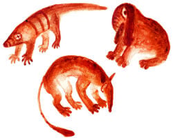 2024 ambiguous_gender ambiguous_species armadillo blood blood_painting bodily_fluids claws digitigrade feral floppy_ears group hi_res ink-the-artist lagomorph leporid looking_at_viewer looking_down mammal rabbit traditional_media_(artwork) trio xenarthran