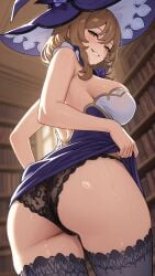 ai_generated ass ass_focus breasts dress dress_up from_below genshin_impact grin hoyoverse huge_breasts lace-trimmed_thighhighs lace_panties large_breasts library lisa_(genshin_impact) looking_down low-angle_view showing_ass showing_panties stockings thighhighs witch_hat