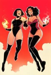 2girls ai_generated bare_shoulders black_choker black_footwear black_gloves black_hair black_leotard black_lips black_thighhighs blunt_bangs blush bob_cut boots breasts choker cleavage clenched_hand clenched_hands clothing cloud curly_hair dark-skinned_female dark_skin eyeshadow female fingerless_gloves fire floating full_body gloves grin highleg highleg_leotard jewelry large_breasts legwear leotard lipstick long_hair makeup medium_breasts medium_hair multiple_girls open_mouth red_background red_eyes red_lips ribbon_choker short_hair sky smile smoke tattoo teeth thigh_boots thighhighs yellow_eyes yuri