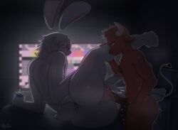 anthro anus balls big_butt big_penis bodily_fluids bovid butt dark_penis dark_room detailed_background duo ear_piercing electronics facial_piercing femboy genitals hair hame_the_bull hi_res horn inside lagomorph lapidorus leporid lying male male/male mammal nipples nose_piercing nose_ring penis piercing puffy_anus rabbit red_body ring_piercing s4us4ge3 size_difference smile standing sweat tail television white_body