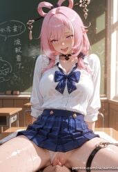 1boy 1girl ai_generated artist_name black_choker blue_bow blue_bowtie blue_eyes blue_skirt blush bow bowtie breasts chalkboard chinese_text choker classroom clothing_aside collarbone collared_shirt cunnilingus desk dress_shirt elf elysia_(honkai_impact) girl_on_top hair_ornament hair_rings heart heart-shaped_pupils heart_o-ring hetero honkai_impact_3rd indoors kermixx large_breasts long_hair long_sleeves low_twintails medium_hair o-ring on_desk open_mouth oral panties panties_aside pink_hair plaid plaid_bow plaid_skirt pleated_skirt pointy_ears purple_eyes pussy school_desk school_uniform shirt shirt_tucked_in sitting sitting_on_desk sitting_on_face sitting_on_person skirt smile solo_focus spread_legs straddling sweat symbol-shaped_pupils symbol_in_eye thigh_strap thighs tongue tongue_out trembling twintails uncensored underwear wet wet_clothes white_panties white_shirt