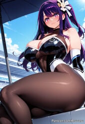 1girl ai_generated big_breasts female hoshino_ai huge_breasts idol mature_female oshi_no_ko purple_hair race_queen revoaru thick_thighs thighs