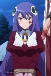 1girl absurdly_long_hair ai_assisted ai_generated anime_screencap blood_splatter campsite close_up firelight flaccid_penis frowning hair_ornament high_quality juliet_sleeves kneeling long_hair long_sidelocks long_sleeves looking_at_penis mature_female night outside purple_hair red_eyes skull_hair_ornament upper_body white_dress white_robe