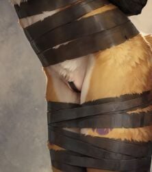 ai_generated anthro bandai_namco bdsm black_ribbon bodily_fluids bondage bound digimon digimon_(species) faceless_character faceless_female female fur genital_fluids hi_res multicolored_body multicolored_fur pussy_juice pussy_tape renamon ribbon_bondage ribbons simple_background solo unknown_director white_body white_fur yellow_body yellow_fur