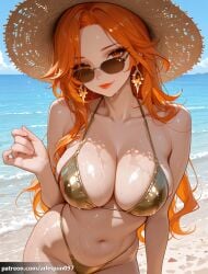 1girl ai_generated arlequin097 aviator_sunglasses bare_shoulders beach bikini blue_sky breasts cleavage closed_mouth collarbone day earrings genshin_impact gold_bikini halterneck hat highleg highleg_bikini hoyoverse jewelry large_breasts lips long_hair looking_at_viewer looking_over_eyewear looking_over_sunglasses mavuika_(genshin_impact) mihoyo navel ocean orange_eyes orange_hair outdoors sand shiny_clothes shiny_skin shore sideboob skindentation sky smile solo stomach straw_hat string_bikini sun_hat sunglasses swimsuit tinted_eyewear water wet wet_clothes wet_swimsuit