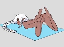 barefoot bent_over braid brown_pussy brown_skin dark-skinned_female elf_ears fennytanyl fully_nude holding_ankles holding_legs legs_apart looking_at_viewer mosquito_bites nude_female nude_yoga on_knees sasha_valentisia small_breasts surprised white_hair yellow_eyes yoga yoga_mat yoga_pose