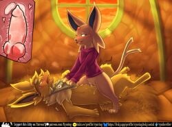 animal_genitalia animal_penis blush bodily_fluids canine_genitalia canine_penis clothing cowgirl_position cum cum_in_vagina cum_inside cum_on_penis detailed_background digital_media_(artwork) duo eeveelution ejaculation english_text espeon female female_penetrated feral from_front_position fur generation_1_pokemon generation_2_pokemon genital_fluids genitals heart_eyes heart_symbol hi_res internal internal_vaginal jasper_(bgklonewolf) jewelry jolteon knot looking_pleasured male male/female male_penetrating male_penetrating_female mammal necklace nintendo on_bottom on_top one_eye_closed open_mouth penetration penile penile_penetration penis pokemon pokemon_(species) pokemon_mystery_dungeon rymherdier sex smile soruchee_(soruchee) spike_chunsoft tail text tremble_spikes url vaginal vaginal_fluids vaginal_penetration vulva