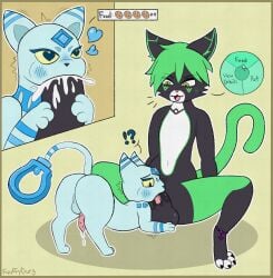 4_toes absurd_res aevyn animal_genitalia animal_penis anklet anthro anthro_on_feral balls bestiality black_body black_claws black_fur blue_body bodily_fluids butt claws cum cum_feeding cum_in_mouth cum_inside domestic_cat duo exclamation_point facial_markings feet felid feline feline_genitalia feline_penis felis fellatio feral feral_penetrated fur fwuffydurg gameplay_mechanics genital_fluids genitals green_eyes green_hair green_markings green_tail hair head_markings heart_eyes heart_symbol hi_res humanoid_genitalia humanoid_penis jewelry looking_at_another looking_at_partner male male/male mammal markings masturbation mau_cryst multicolored_body nude on_ground open_mouth oral pal_(species) palworld penetration penile penis perineum pink_nose pocketpair question_mark saliva saliva_on_penis sex tail toes two-handed_masturbation white_toes yellow_sclera