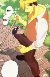 2026 2d avian beak bird black_beak black_clothing black_footwear black_shoes blonde_hair bottomwear brown_bottomwear brown_clothing brown_pants clothed clothing corvid deltarune dialogue duo elemental_creature elemental_humanoid english_text erection erection_under_clothing eye_contact feral flora_fauna floral_background flower flowery flowery_(deltarune) footwear fully_clothed genitals grey_body hair hi_res high-angle_view human humanoid humor kawkaw_(deltarune) korokon looking_at_another male male_only mammal meme multicolored_vest onomatopoeia open_mouth open_smile oscine outside pants passerine penis plant plant_humanoid saltydkdan shitpost shoes sitting_on_penis smile solo_male sound sound_effects tagme text topwear undertale_(series) vest video voice_acted white_dress_shirt yellow_body yellow_skin