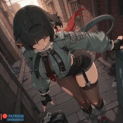 1girl 1girls above ahegao_ai ai_generated animal asymmetrical bangs black blue blunt body boots breasts closed clothes cuffs ears eyes female female_focus female_only fingerless footwear from full garter gloves green hair handcuffs jacket knee large leg legwear long mouth multicolored necktie outdoors pantyhose red short shorts single sleeves smile solo standing straps tail thick thighhigh thighhighs thighs torn uneven white