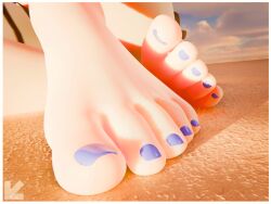 1girl 3d 3d_art 3d_render animal_ears barefoot beach black_hair blue_toenails close-up explicit feet female high_angle highres monster_girl ocean orca_ears orca_girl outdoors painted_toenails purple_eyes purple_hair sand sea shylily sole solo toes twitch visiuun vtuber white_hair