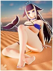 1girl 3d 3d_art 3d_render animal_ears barefoot beach bikini black_hair blue_bikini blue_sky blue_toenails bottom_view breasts choker cleavage clothing cloud collar explicit feet female highres large_breasts low_angle monster_girl ocean orca_ears orca_girl orca_tail outdoors painted_toenails purple_eyes purple_hair sand sea shylily sitting sky sole solo swimsuit tail toes twitch visiuun vtuber water_reflection whale_tail white_hair