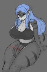 big_ass big_breasts blue_eyes blue_hair brest crushing gipehtyboon grey_skin huge_breasts huge_thighs long_hair shark shark_girl shark_tail sketch sophia_(atlanteandotxxx) text thick_thighs watermelon