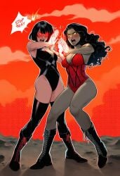 2girls ai_generated black_footwear black_hair black_leotard black_lips black_thighhighs blush boots breasts cleavage clothing colored_skin cross-laced_footwear curly_hair dark-skinned_female dark_skin english_text female fighting_stance footwear full_body glowing_eyes green_eyes grey_skin highleg_leotard knee_boots lace-up_boots large_breasts leotard long_hair makeup medium_breasts multiple_girls open_mouth red_eyes red_leotard red_sky short_hair sky speech_bubble standing thighhighs wavy_hair western_comics_(style) yellow_eyes