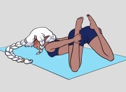 barefoot bent_over blushing braid brown_pussy brown_skin clothed clothed_female dark-skinned_female elf_ears fennytanyl holding_ankles holding_legs legs_apart looking_at_viewer mosquito_bites on_knees sasha_valentisia shorts skin_tight small_breasts sports_bra white_hair yellow_eyes yoga yoga_mat yoga_pose yoga_shorts