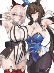2girls admire_vega_(umamusume) animal_ears armpits big_breasts breasts brown_hair cameltoe cleavage curren_chan_(umamusume) detached_collar eyebrows_visible_through_hair female female_only hair_ribbon heart horse_ears horse_girl huge_breasts large_breasts lengkuass leotard long_hair looking_at_viewer navel_visible_through_clothes neutral_expression pantyhose ponytail purple_eyes short_hair skindentation smile tail thigh_squish thighhighs tied_hair umamusume umamusume_pretty_derby v white_hair