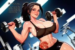 1girls ai_generated areolae areolae_visible_through_clothing asian asian_female athletic_female big_breasts black_hair breasts dialogue disney disney_princess dragon_tattoo english_text exercise exercise_clothing female female_focus female_only fit fit_body fit_female grey_eyes gym gym_clothes gym_shorts killkong lifting modern_au mulan_(1998_film) nipple_slip nipples nipples_visible_through_clothing pov sports_bra tattoo tattoo_on_belly text translucent_clothing weightlifting weights