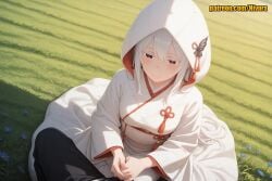 1boy 1girl ai_generated black_eyes black_pants blush breasts bride butterfly_hair_ornament closed_mouth colored_eyelashes day echidna_(re:zero) flower flower_knot grass grey_eyes hair_between_eyes hair_ornament hood hood_up japanese_clothes kimono long_hair long_sleeves looking_at_viewer medium_breasts nivora obi on_grass out_of_frame outdoors own_hands_together pants patreon pov re:zero_kara_hajimeru_isekai_seikatsu sash silver_hair sitting smile solo_focus tassel uchikake very_long_hair wataboushi white_hair white_kimono wide_sleeves