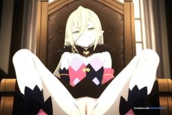 1girl ai_assisted ai_generated anime_coloring anime_screencap beautiful blonde_hair day detailed_face dress general grayscale green_eyes grin hair_between_eyes high_contrast highres indoors long_hair looking_at_viewer no_nose official_style perfect_anatomy pointy_ears pussy sharp_teeth sitting_on_chair slit_pupils smug socks upskirt_view very_long_hair