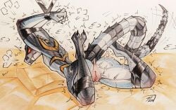 absurd_res anthro anus bdsm bent_legs bodily_fluids bondage bound butt cum cum_drip cum_in_vagina cum_inside cum_on_butt dripping female genital_fluids genitals hi_res kisik_(jibriil) kobold markings non-mammal_vulva painting_(artwork) red_eyes reptile scalie shaking shivering solo spiked_body spiked_tail spikes spikes_(anatomy) spread_legs spreading striped_body striped_markings striped_tail stripes tail tail_markings tail_motion tlen_borowski traditional_media_(artwork) traditional_painting_(artwork) traditional_watercolor_(artwork) vulva watercolor_(artwork)