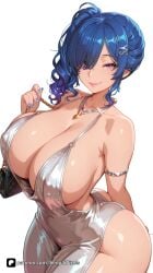 1girl ai_generated armlet artist_name ass azur_lane backless_dress backless_outfit bag bangs bare_shoulders blue_hair blue_nails breasts cleavage closed_mouth collarbone curvy dress earrings evening_gown grey_dress hair_ornament hair_over_one_eye hairclip halter_dress halterneck handbag huge_breasts jewelry large_breasts looking_at_viewer nail_polish necklace patreon pink_eyes plunging_neckline purple_eyes questionable revealing_clothes senpai_pixels sensitive shiny_skin side_ponytail sidelocks silver_dress simple_background smile solo st._louis_(an_afternoon_on_the_lido_deck)_(azur_lane) st._louis_(azur_lane) st._louis_(luxurious_wheels)_(azur_lane) st.louis(azur_lane) strap_pull thighs white_background