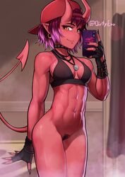 1girls abs asura_(dirtyero) athletic athletic_female backwards_baseball_cap baseball_cap bathroom bottomless breasts cap cellphone choker cleavage daft_punk demon demon_girl demon_tail dirtyero_(artist) earrings electronics female female_only fingerless_gloves handwear hat headwear horns humanoid long_fingernails looking_at_viewer midriff mirror_selfie muscular_female navel necklace neckwear original original_character pentagram pentagram_necklace pink_hair pointy_ears pubic_hair purple_hair red_eyes red_skin selfie smile solo sports_bra tail tomboy topwear two_tone_hair