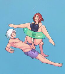 1boy 1boy1girl 1girls abs air_bubbles anal anal_sex asphyxiation bare_legs bare_shoulders barefoot blue_background blush breasts bubbles clenched_teeth cowgirl_position crying drowning endured_face exposed exposed_pussy feet female female_on_top female_penetrated floater floating grin hozuki_suigetsu light-skinned_female light-skinned_male light_skin lying male male/female male_penetrating male_with_female muscular muscular_male naruto naruto_(series) naruto_shippuden one-piece_swimsuit open_clothes paipan pale-skinned_female pale_skin penetration penis penis_out pizzayola pool_toy puffy_nipples purple_eyes red_eyes red_hair rolling_eyes sex shirtless shorts simple_background smile smirk spread_legs straight stuck swimsuit swimsuit_aside tanline tears toes two_tone_skin underwater underwater_sex uzumaki_karin water white_hair