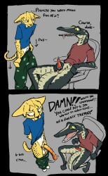 :d alligatorid animal_genitalia anthro balls big_penis big_penis_appreciation big_penis_embarrassment big_penis_humiliation bodily_fluids bottomless bottomless_male bottomwear bottomwear_down bottomwear_pull caiman chair cheetah clothed clothing clothing_pull comic countershading crocodilian cum cum_on_own_tail cum_on_self cum_on_tail cumshot dialogue directional_arrow disbelief drooling duo ears_down ejaculation embarrassed english_text erection excited exposed felid feline furniture genital_fluids genital_slit genitals glans grey_background hands-free hieronymusjohnson holding_penis humiliation long_penis looking_at_genitalia looking_at_penis looking_away male male/male mammal markings nervous pajama_pants pants pants_down pants_pull partially_clothed penis penis_awe penis_humiliation penis_size_difference pivoted_ears precum presenting presenting_penis profanity red_clothing red_penis red_shirt red_t-shirt red_topwear reptile saliva scalie sharp_teeth shirt simple_background smile spontaneous_ejaculation spots spotted_markings t-shirt tail tail_between_legs teeth text topwear undressing undressing_self worried yellow_eyes