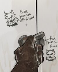 2026 4:5 absurd_res anthro arm_hair beard bodily_fluids body_hair canid canine canis close-up cum cum_on_hand directional_arrow domestic_dog door english_text eyebrows facial_hair father_(lore) fred_(kenkudog) frown fur genital_fluids graffiti hair hairy hand_hair hi_res humanoid_hands incest_(lore) kenkudog lock male mammal motion_blur motion_lines parent_(lore) profanity smile solo stated_incest text