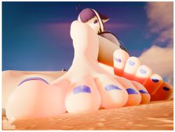 1girl 3d 3d_art 3d_render animal_ears barefoot beach black_hair blue_sky blue_toenails bottom_view cloud explicit extreme_close-up feet female highres low_angle monster_girl ocean orca_ears orca_girl outdoors painted_toenails purple_eyes purple_hair sand sea shylily sky sole sole_focus solo toes twitch visiuun vtuber water_reflection white_hair
